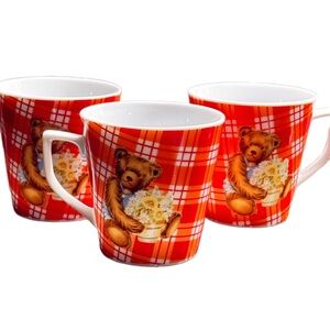 GNA FINE PORCELAIN  Red Plaid Teddy Bear Mugs VINTAGE set of 3 child children